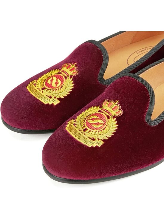 Men\'s Crown Burgundy Rubber Velvet Loafers Embroidery Slip-On Tuxedo Shoes main image 4